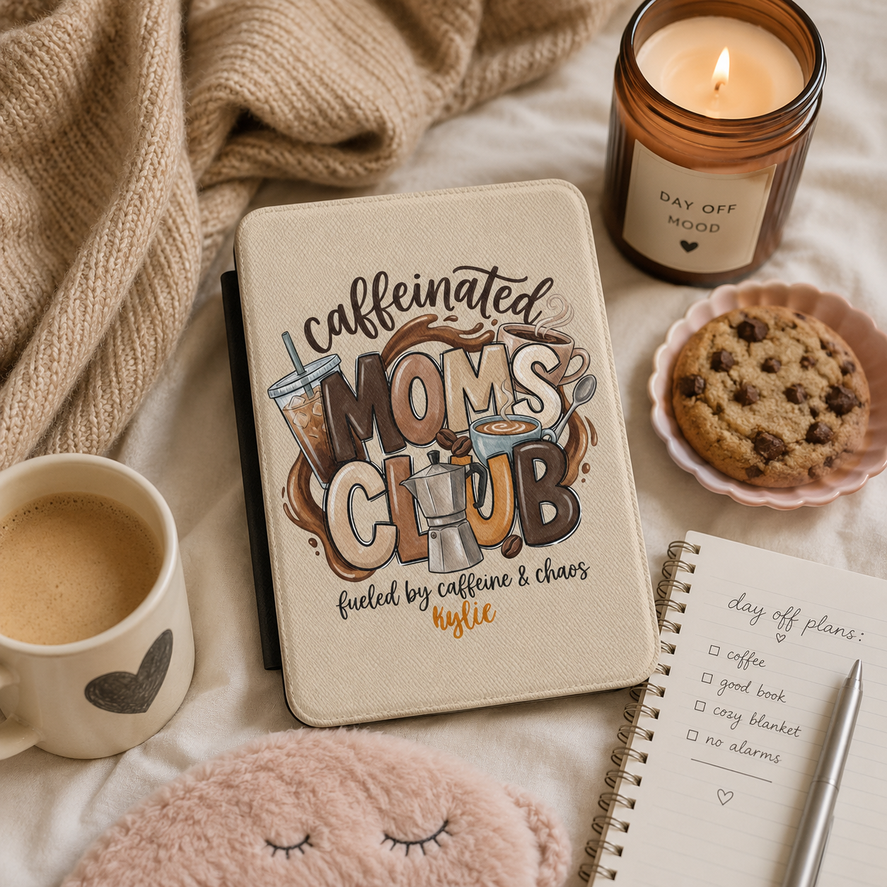 Personalized Caffeinated Moms Club Kindle case styled in a lifestyle reading setting
