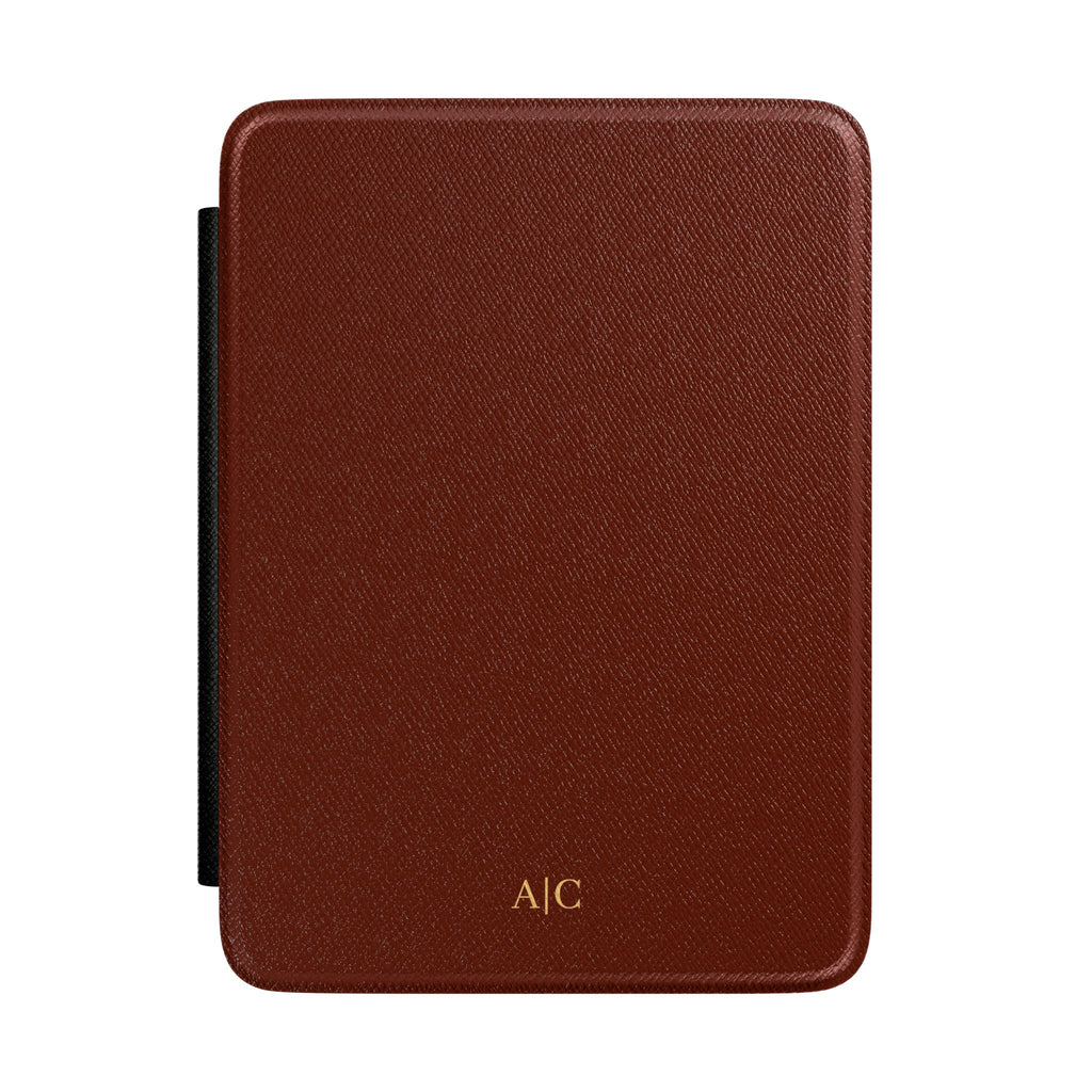 Cognac Saffiano leather personalized Kindle case with gold initials, front view