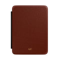 Cognac Saffiano leather personalized Kindle case with gold initials, front view