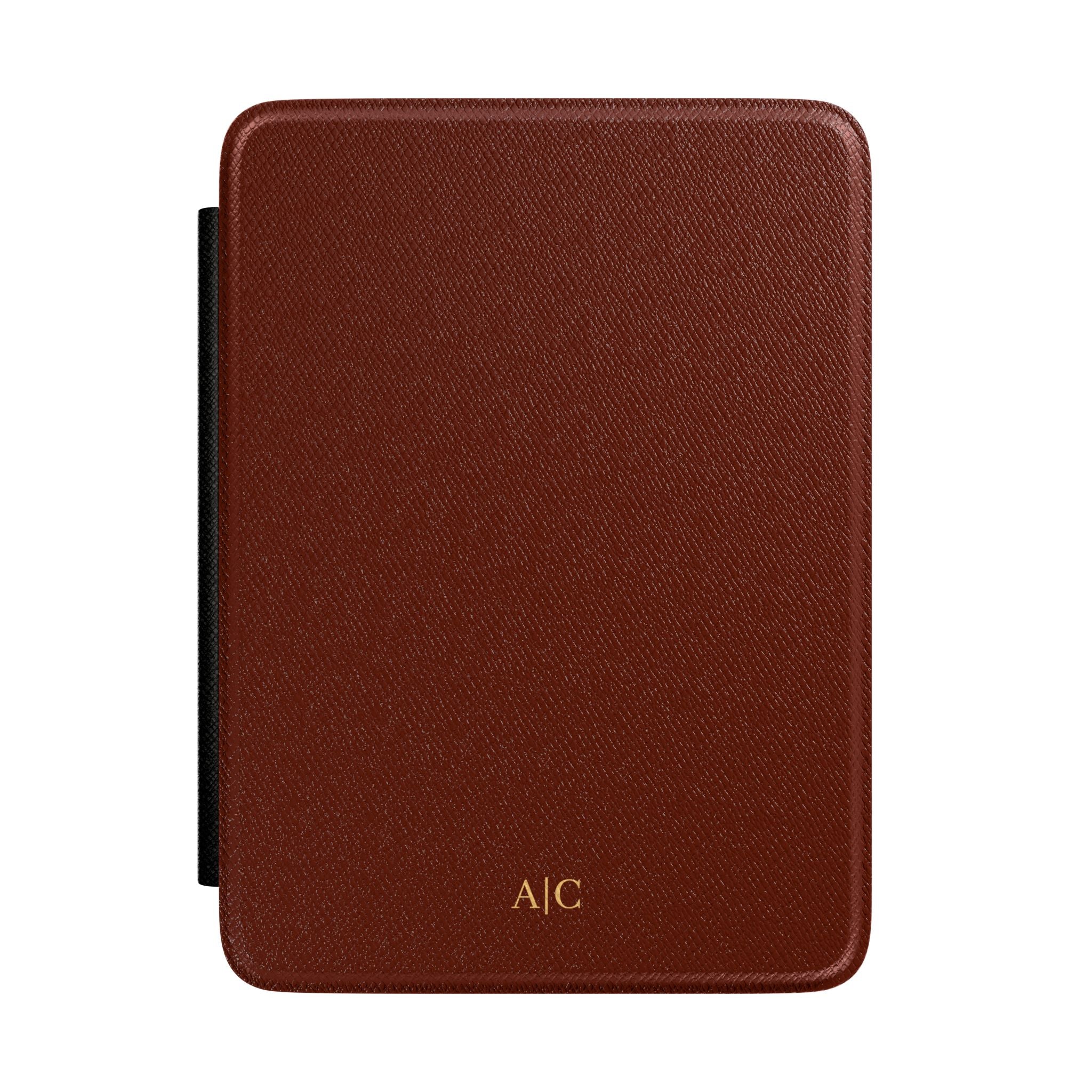 Cognac Saffiano leather personalized Kindle case with gold initials, front view