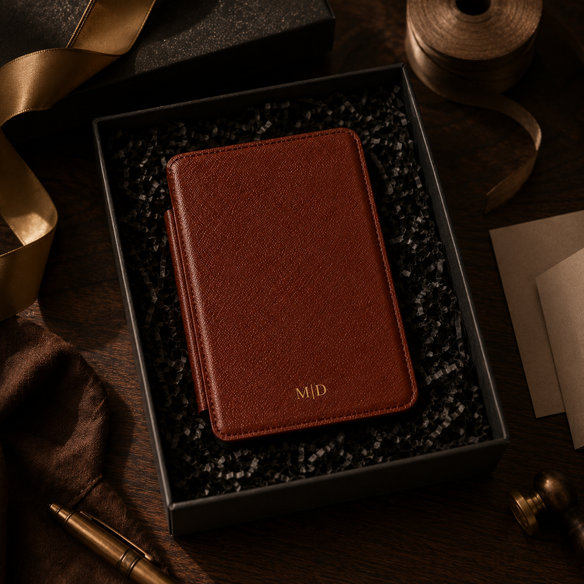 Open interior of the cognac Saffiano Kindle case showing the fabric lining and TPU shell