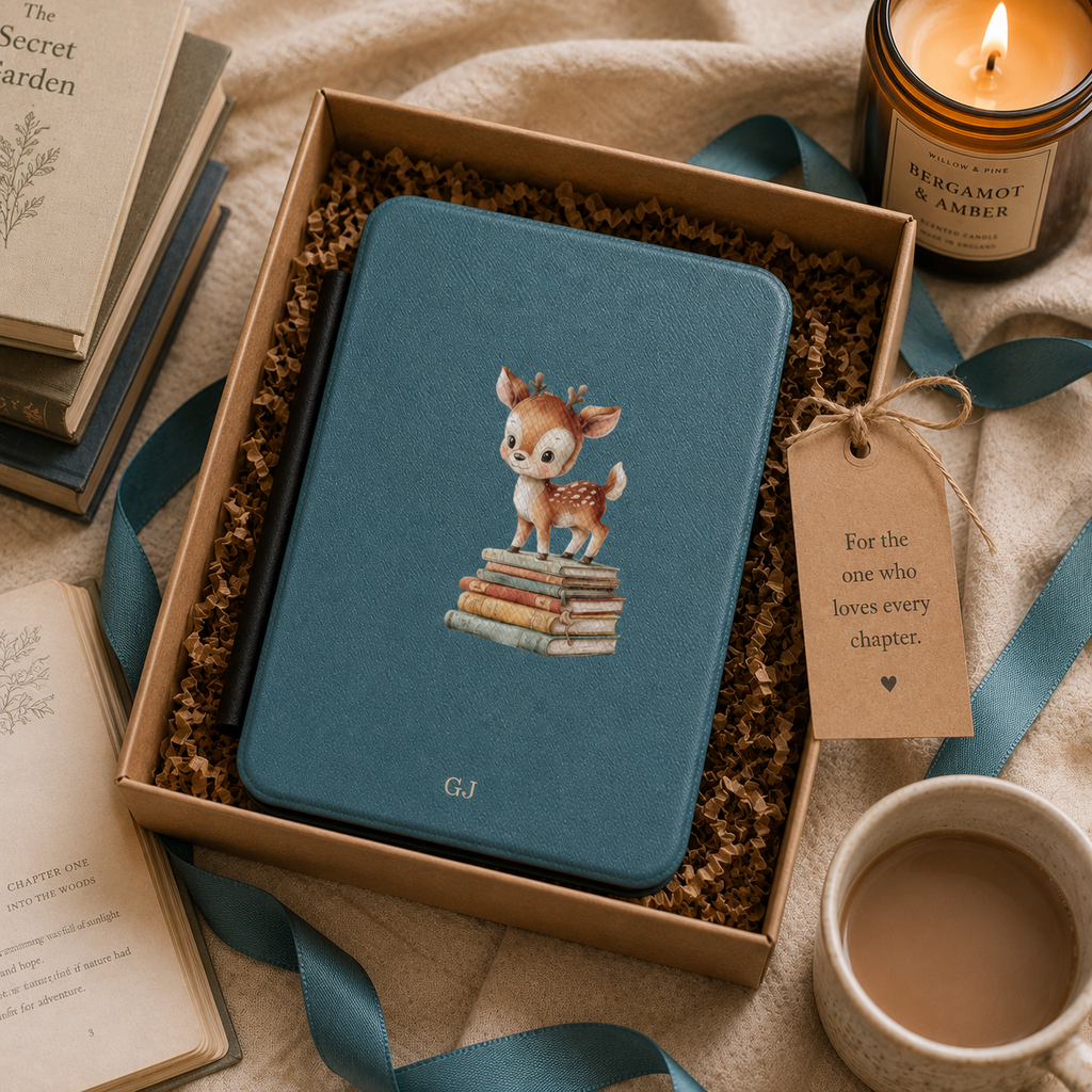 Personalized fawn on book stack Kindle case shown in a gift setting