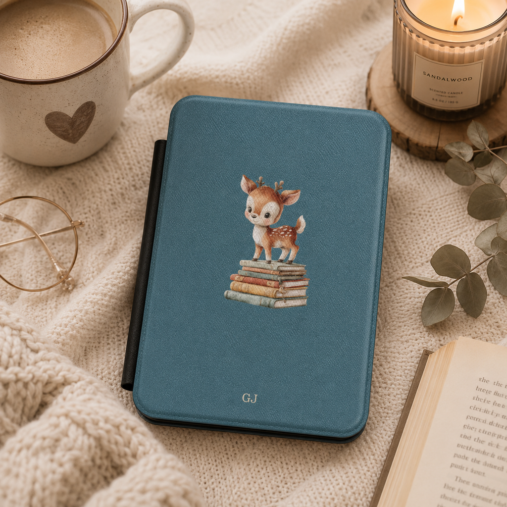 Personalized fawn on book stack Kindle case styled in a lifestyle reading setting