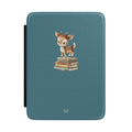 Personalized fawn on book stack Kindle case on teal, custom initials