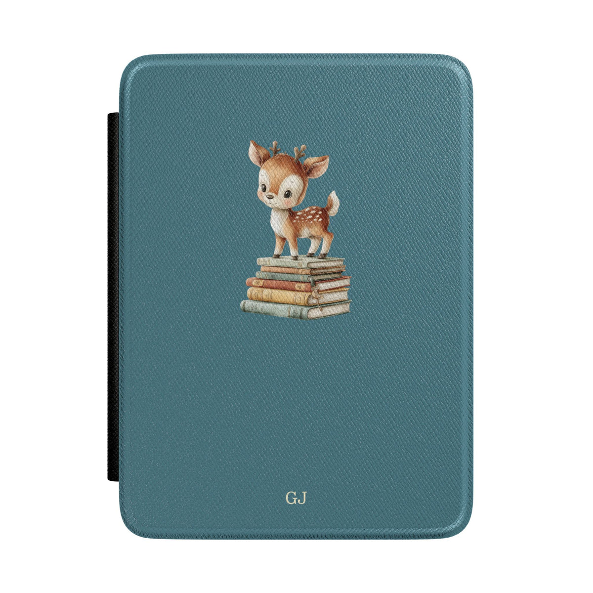Personalized fawn on book stack Kindle case on teal, custom initials