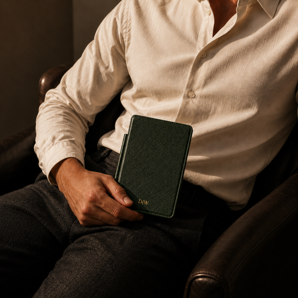 Back cover of the forest green Saffiano leather personalized Kindle case