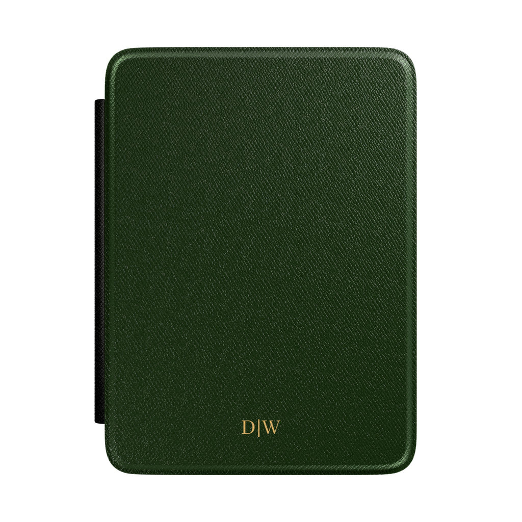 Forest green Saffiano leather personalized Kindle case with gold initials, front view