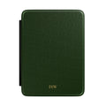 Forest green Saffiano leather personalized Kindle case with gold initials, front view