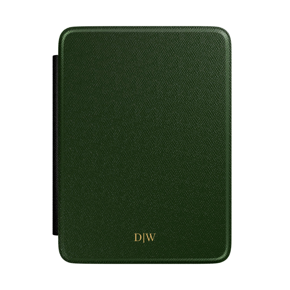 Forest green Saffiano leather personalized Kindle case with gold initials, front view
