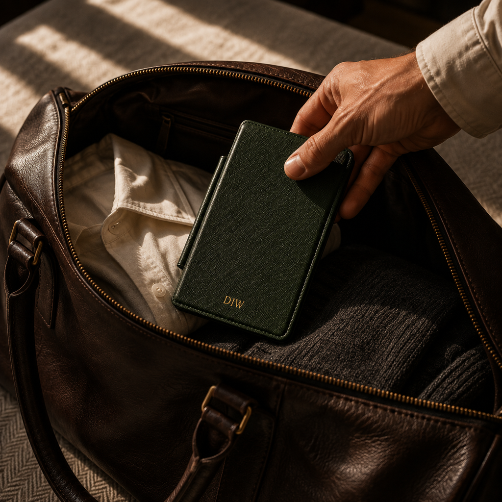 Open interior of the forest green Saffiano Kindle case showing the fabric lining and TPU shell