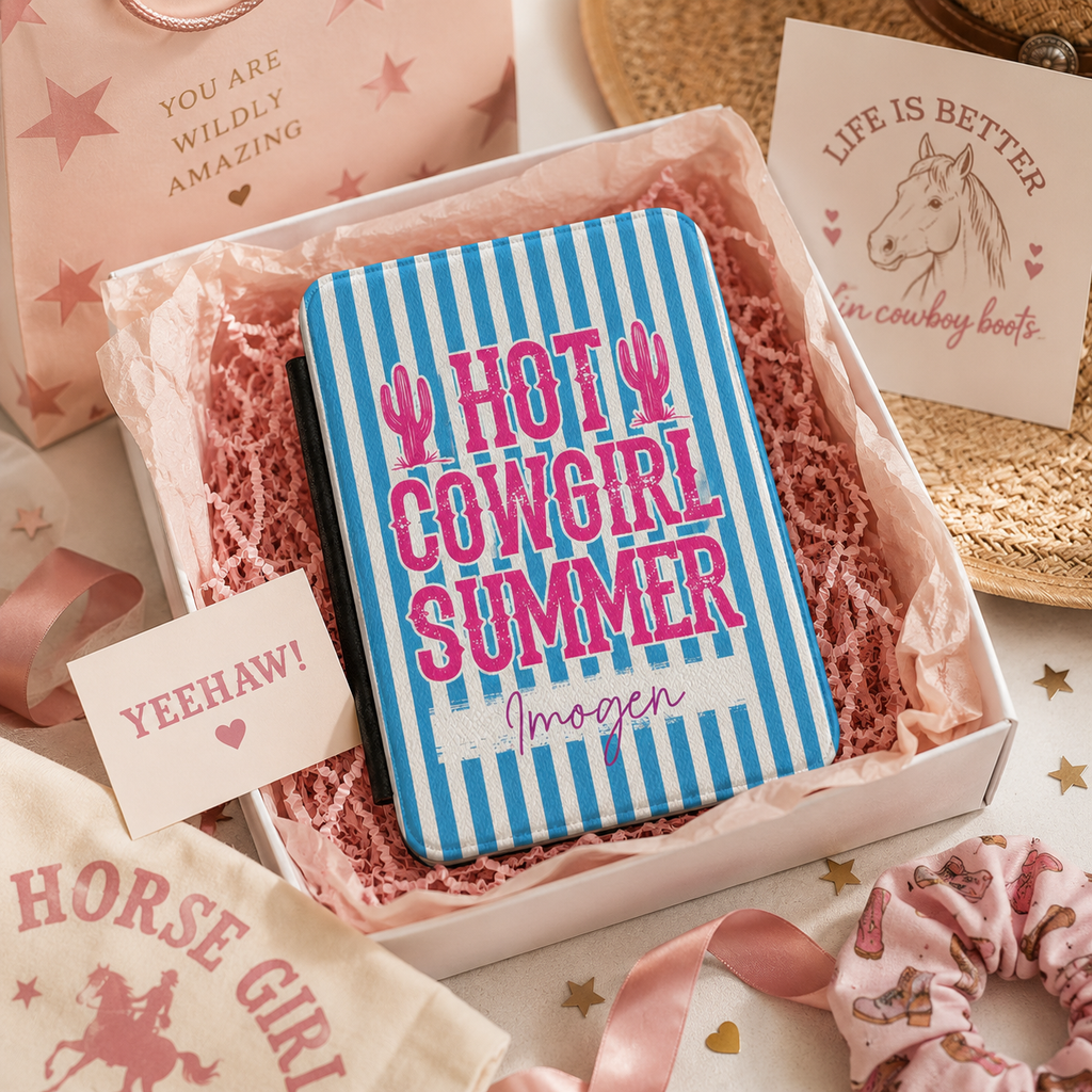 Personalized Hot Cowgirl Summer blue pink Kindle case shown in a gift setting