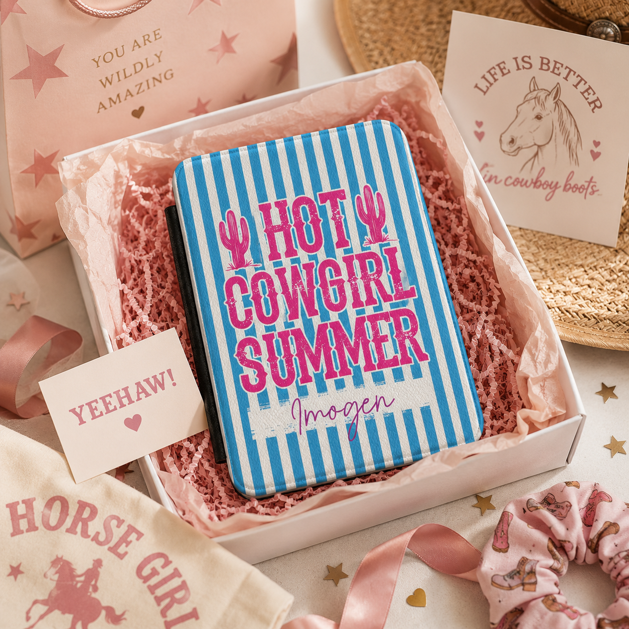 Personalized Hot Cowgirl Summer blue pink Kindle case shown in a gift setting