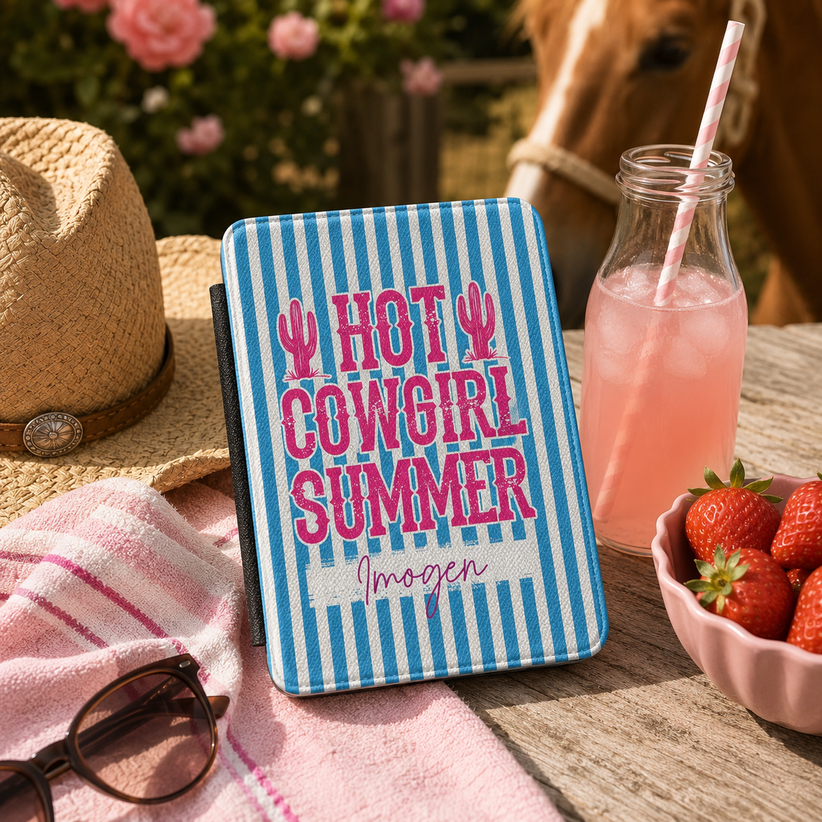 Personalized Hot Cowgirl Summer blue pink Kindle case styled in a lifestyle reading setting