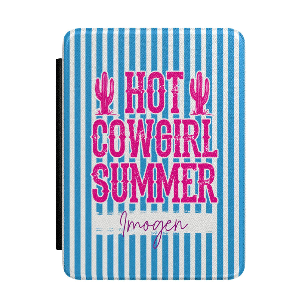 Personalized Kindle case with Hot Cowgirl Summer design in pink text on blue stripes, custom name Imogen