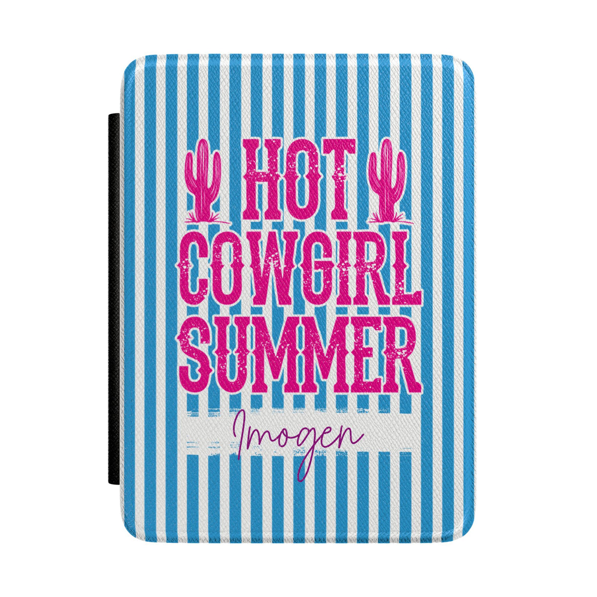 Personalized Kindle case with Hot Cowgirl Summer design in pink text on blue stripes, custom name Imogen