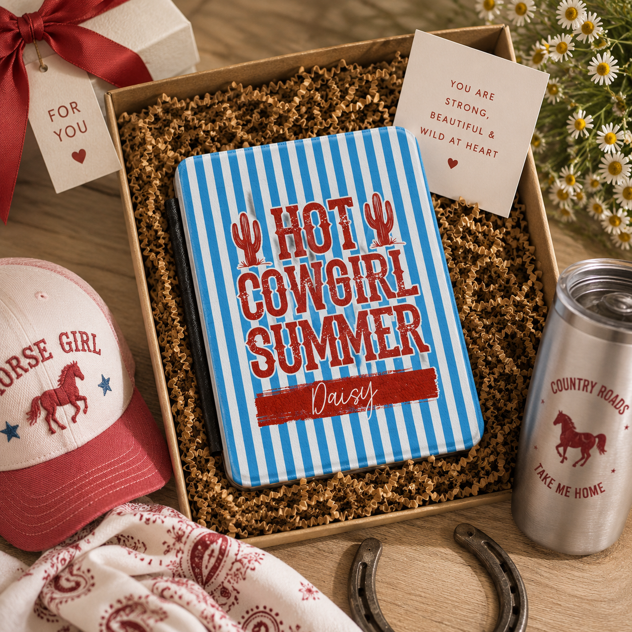 Personalized Hot Cowgirl Summer blue red Kindle case shown in a gift setting