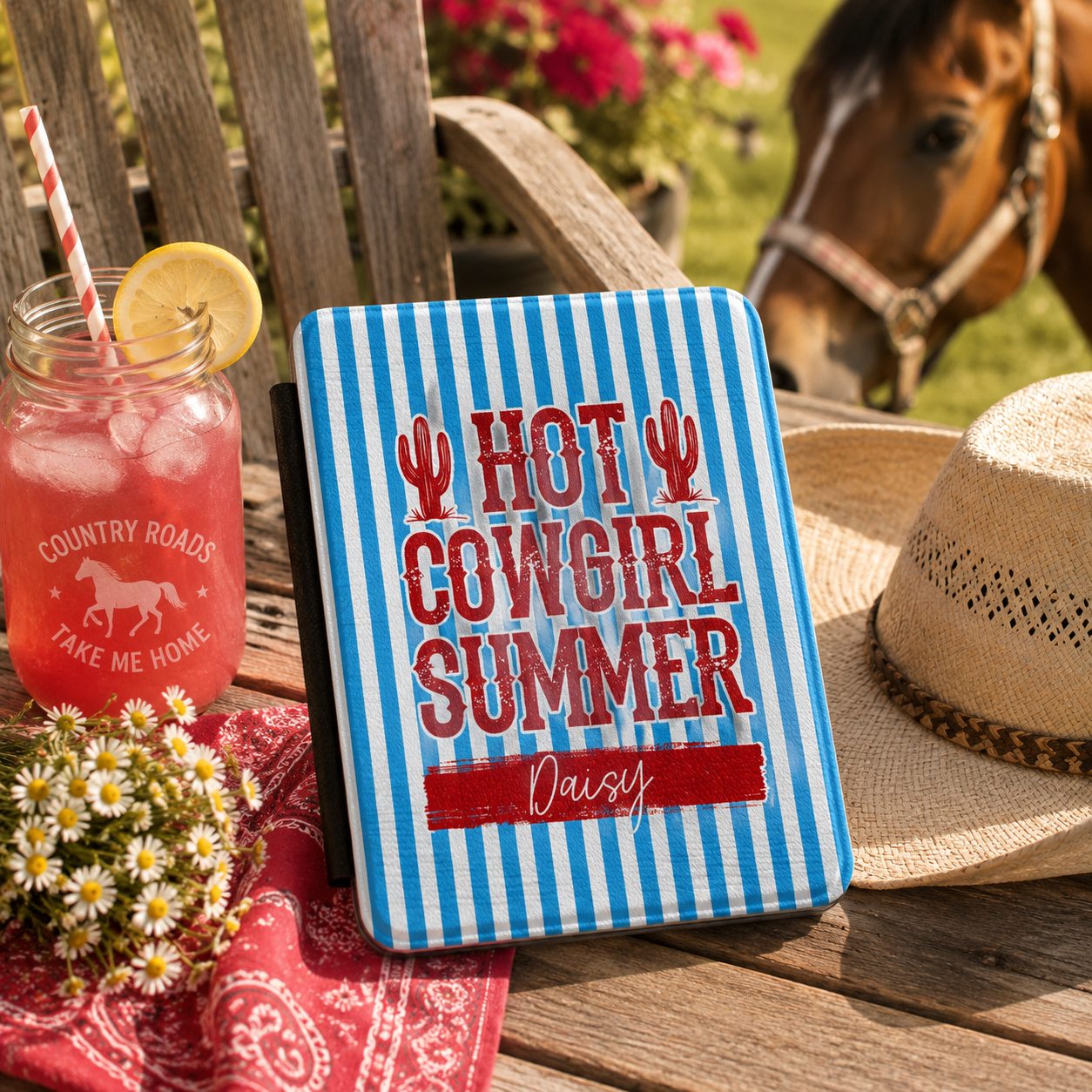 Personalized Hot Cowgirl Summer blue red Kindle case styled in a lifestyle reading setting