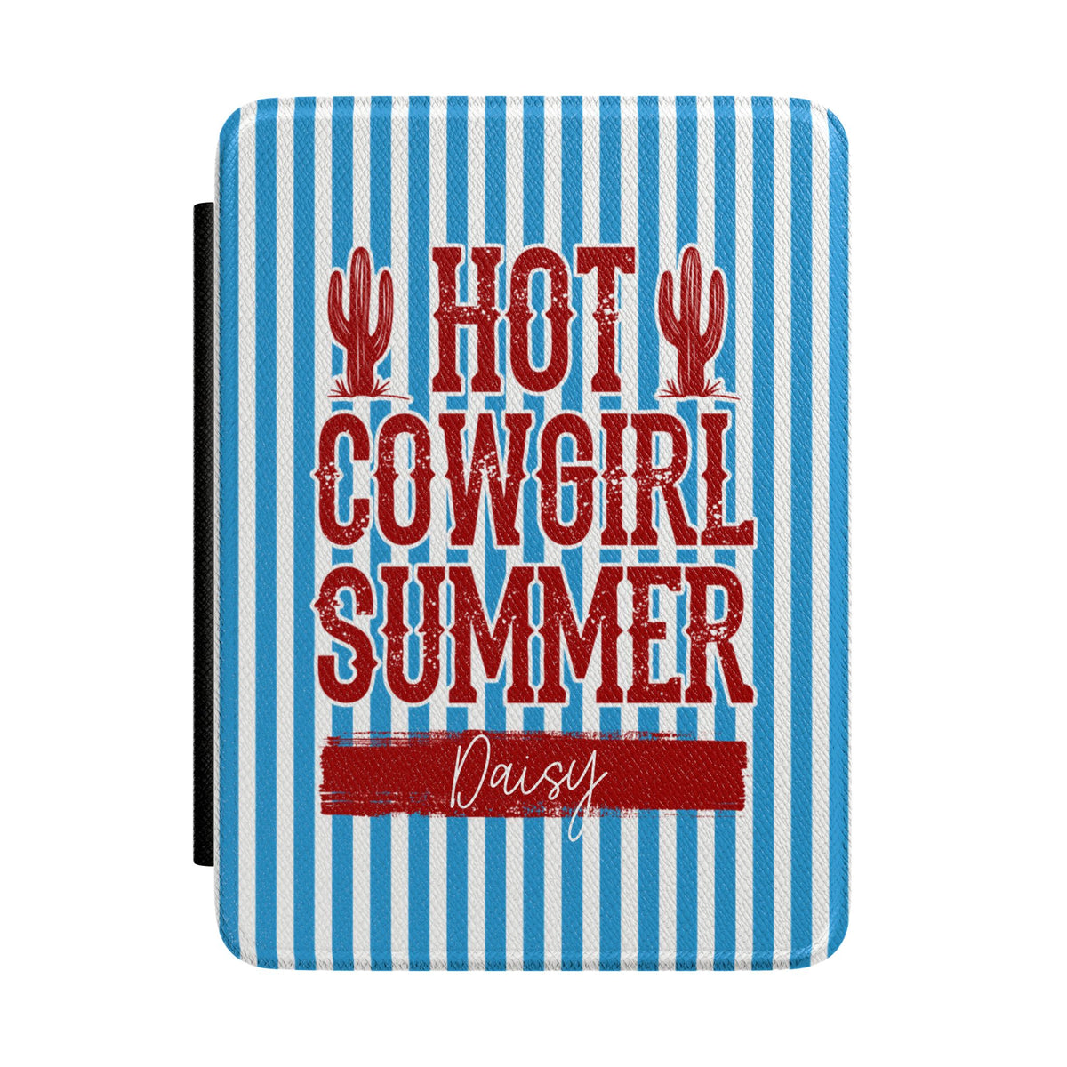 Personalized Kindle case with Hot Cowgirl Summer design on blue and white stripes, custom name Daisy