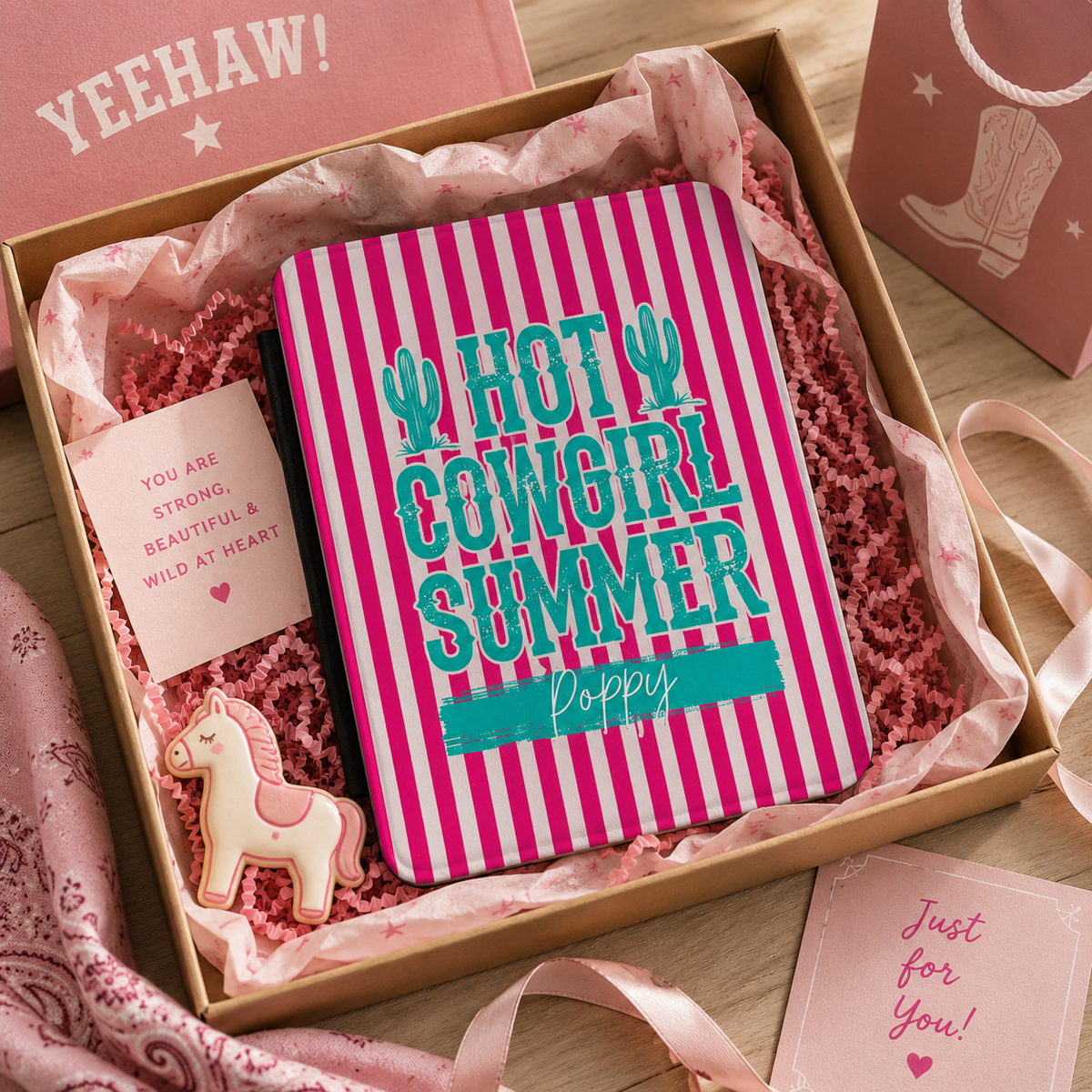 Personalized Hot Cowgirl Summer pink Kindle case shown in a gift setting