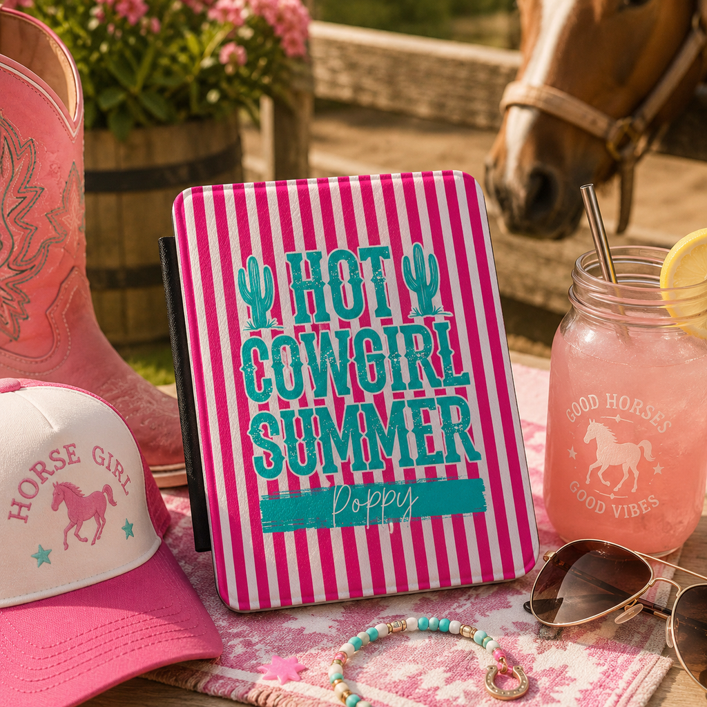Personalized Hot Cowgirl Summer pink Kindle case styled in a lifestyle reading setting