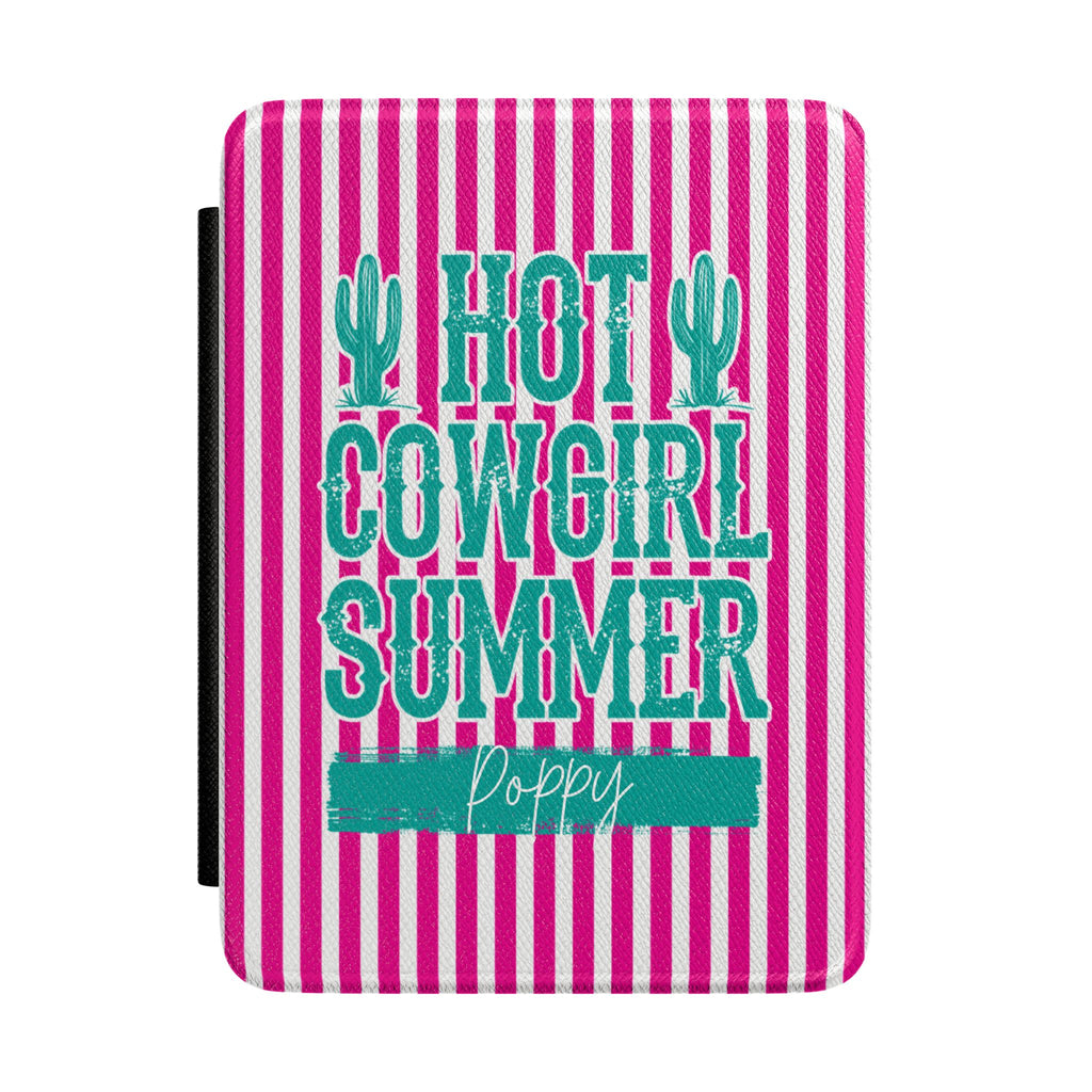 Personalized Kindle case with Hot Cowgirl Summer design on pink and white stripes, custom name Poppy