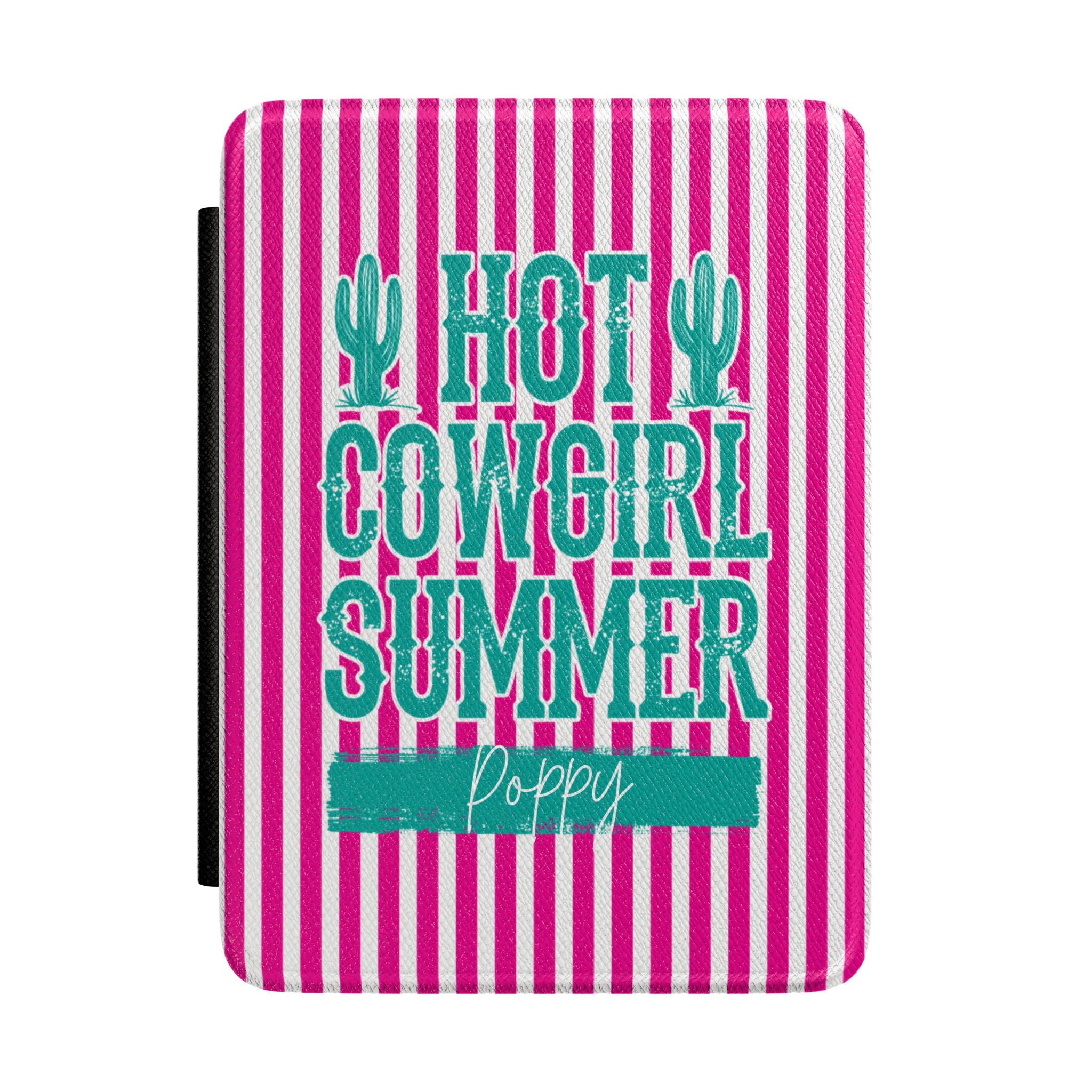 Personalized Kindle case with Hot Cowgirl Summer design on pink and white stripes, custom name Poppy
