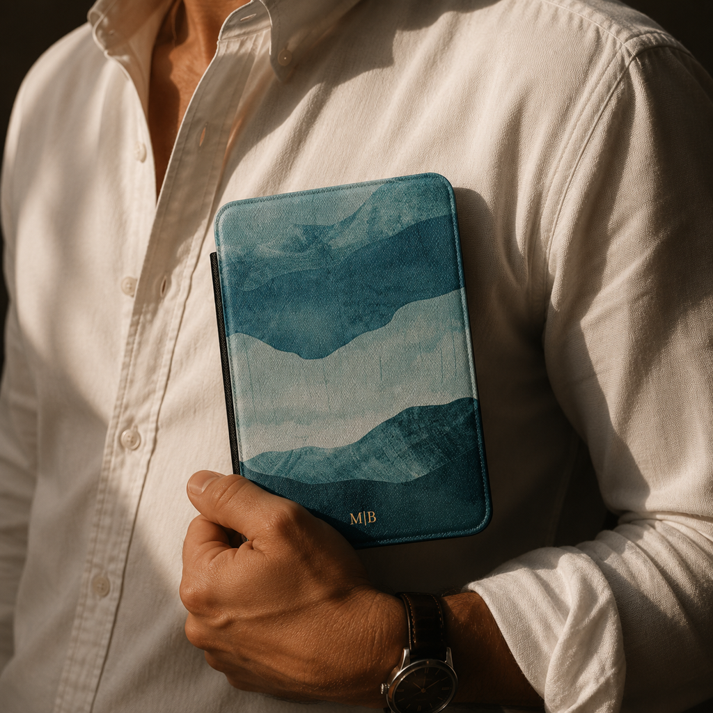 Back cover of the layered blue mountain personalized Kindle case