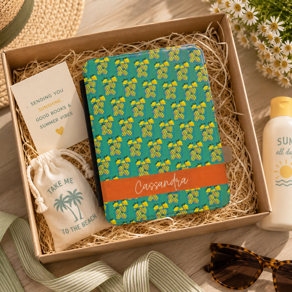 Personalized lemon basket print Kindle case shown in a gift setting