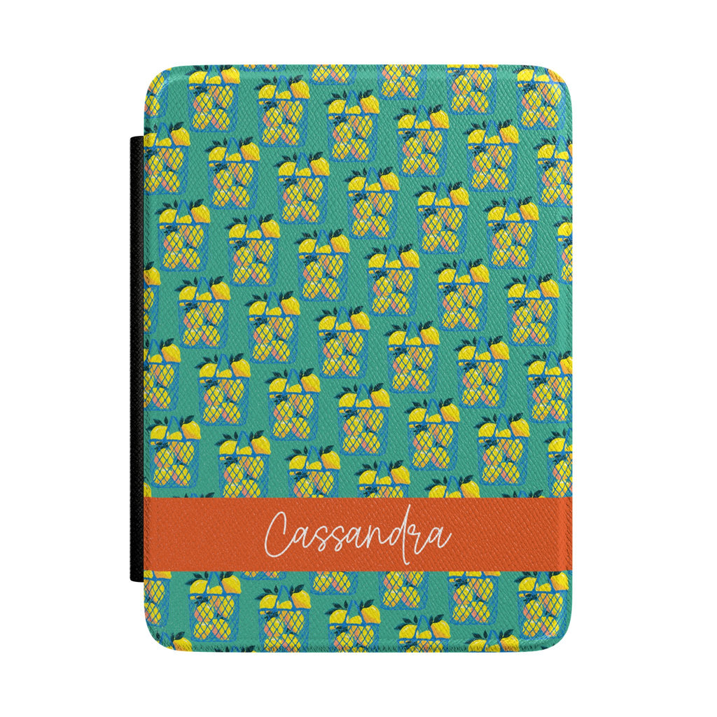Personalized Kindle case with lemon basket print on teal, custom name Cassandra