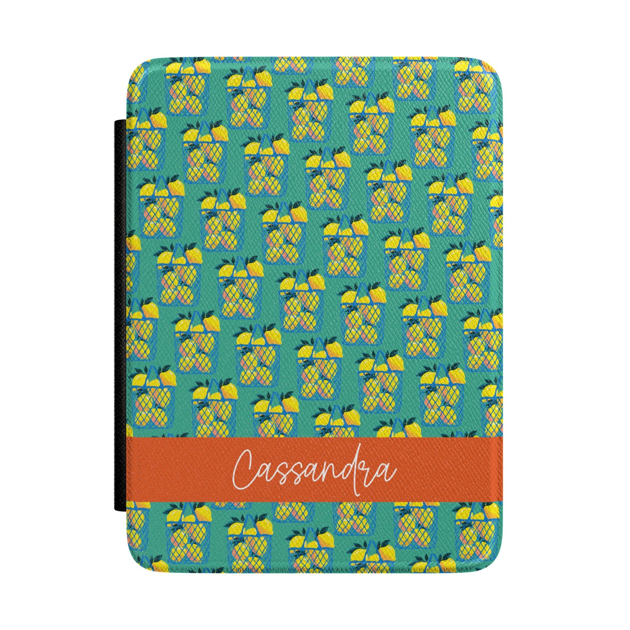 Personalized Kindle case with lemon basket print on teal, custom name Cassandra