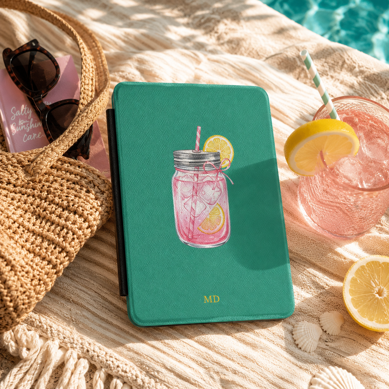 Personalized lemonade jar Kindle case styled in a lifestyle reading setting
