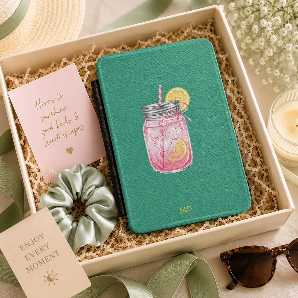 Personalized Kindle case with pink lemonade jar illustration on teal, custom initials MD