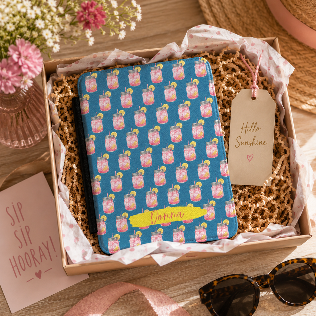 Personalized lemonade pattern Kindle case shown in a gift setting