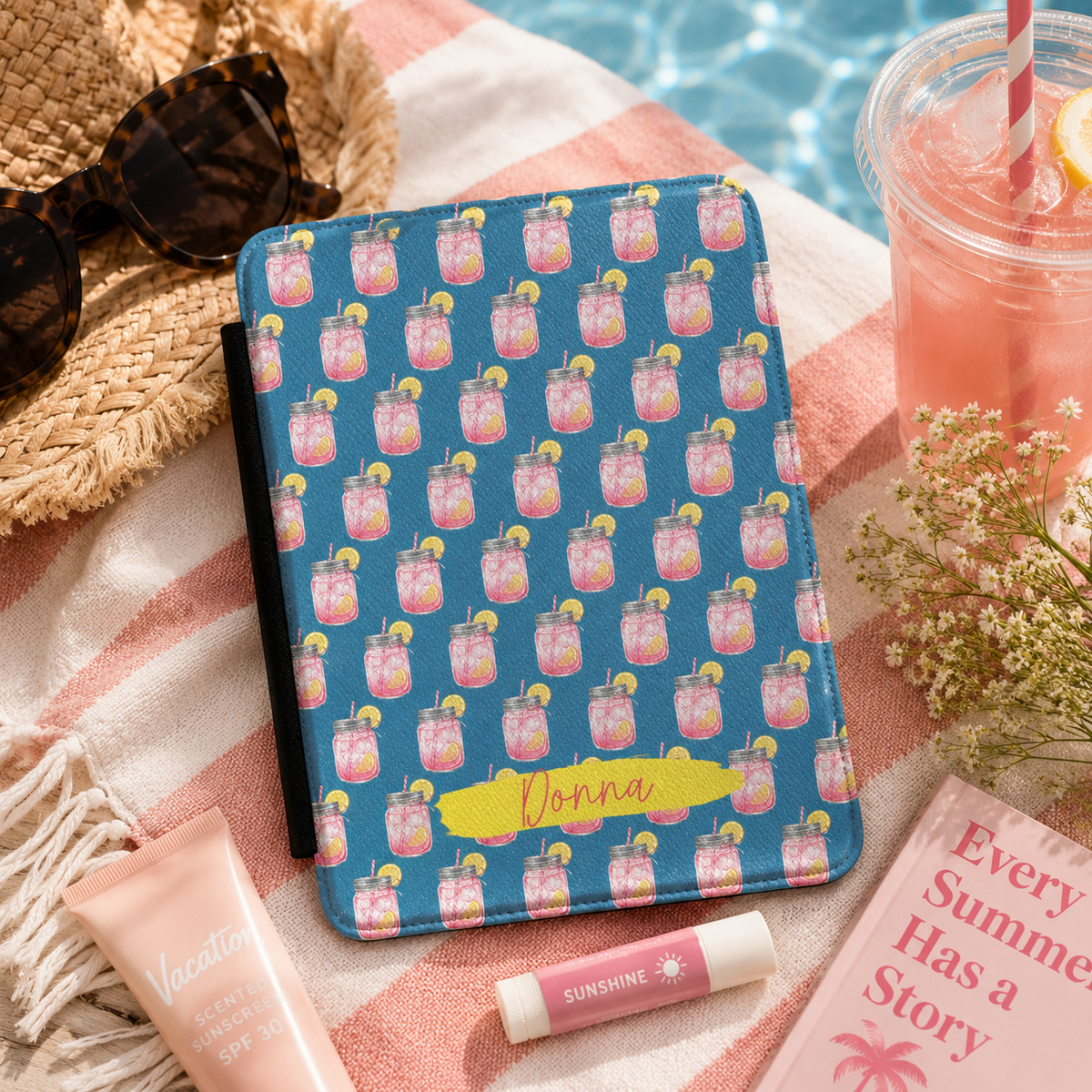 Personalized lemonade pattern Kindle case styled in a lifestyle reading setting
