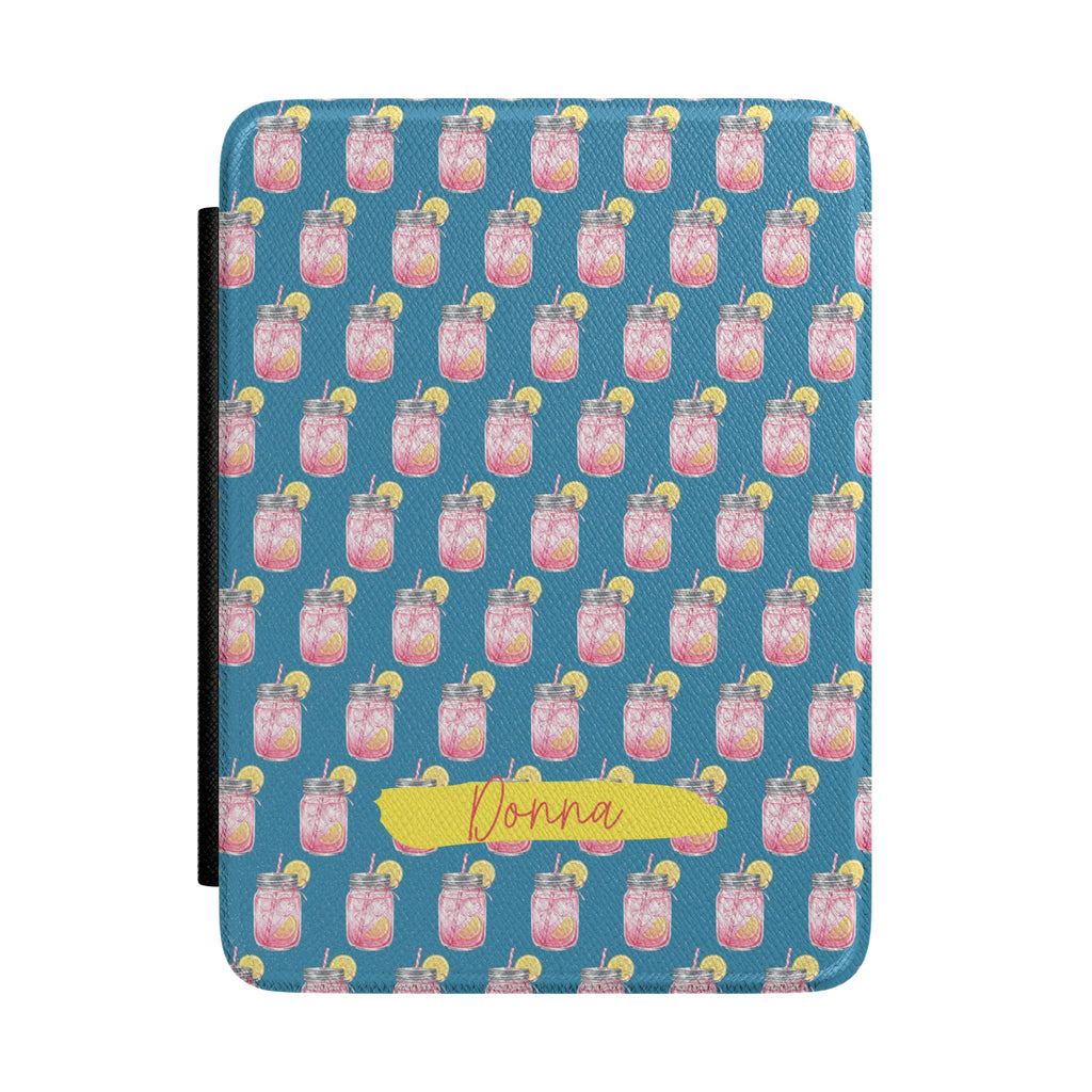 Personalized Kindle case with pink lemonade jar pattern on blue, custom name