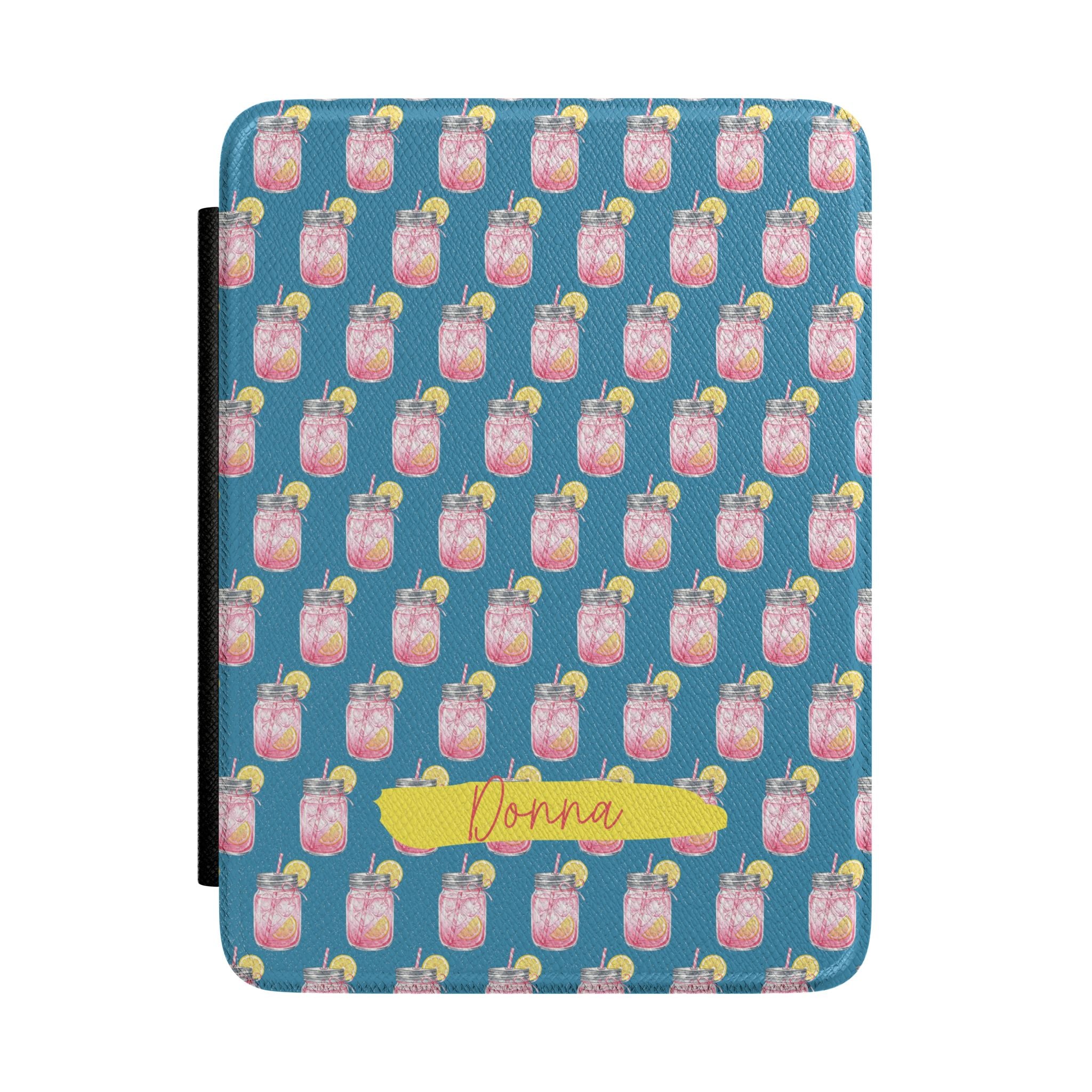 Personalized Kindle case with pink lemonade jar pattern on blue, custom name