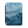 Misty blue watercolor mountain personalized Kindle case with gold initials, front view