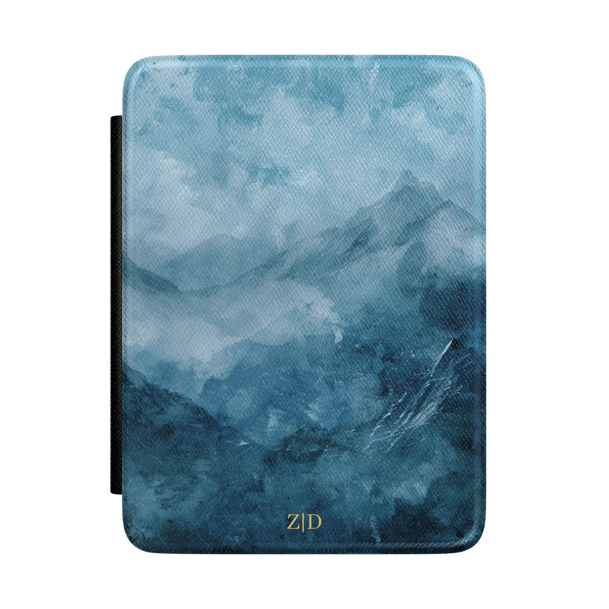 Misty blue watercolor mountain personalized Kindle case with gold initials, front view