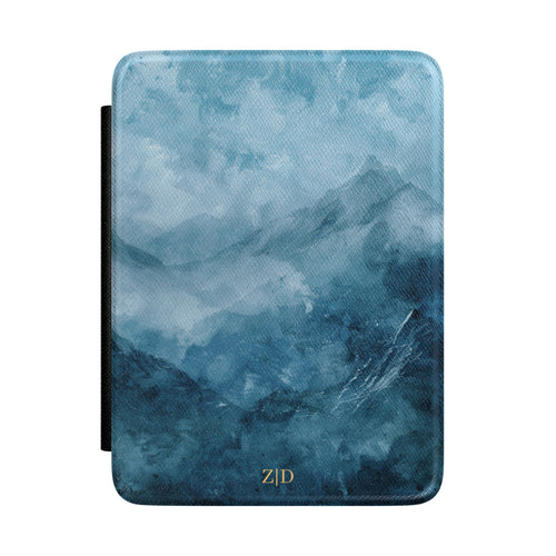 Misty blue watercolor mountain personalized Kindle case with gold initials, front view