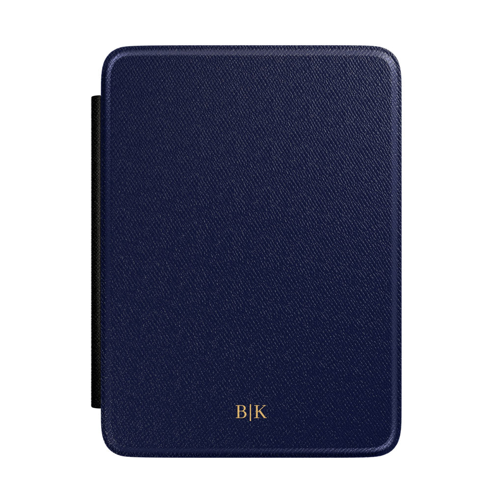 Navy Saffiano leather personalized Kindle case with gold initials, front view
