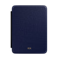 Navy Saffiano leather personalized Kindle case with gold initials, front view