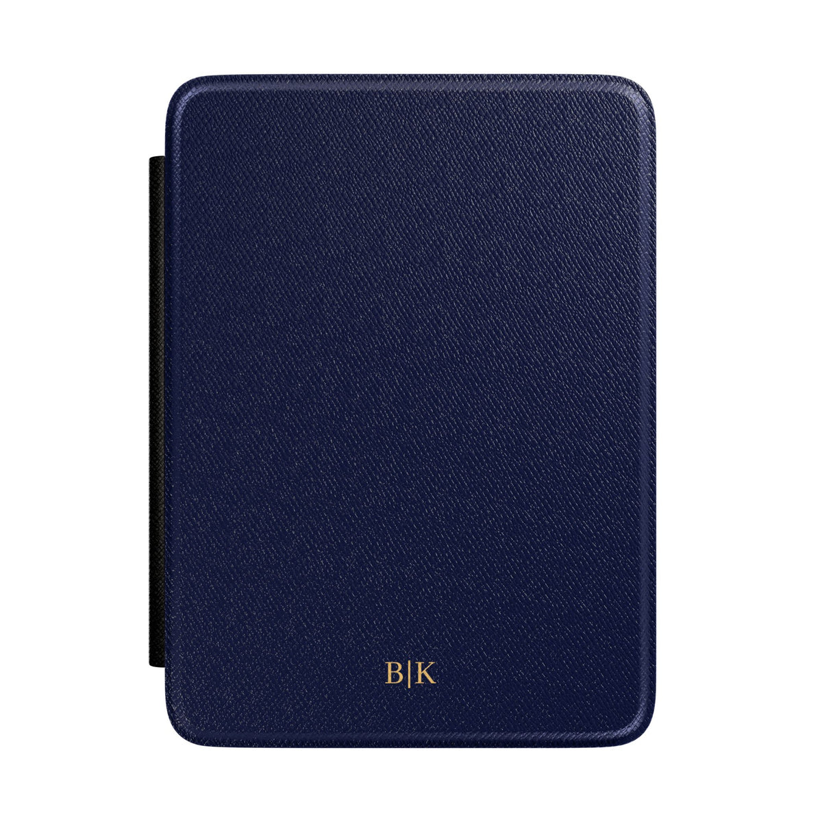 Navy Saffiano leather personalized Kindle case with gold initials, front view