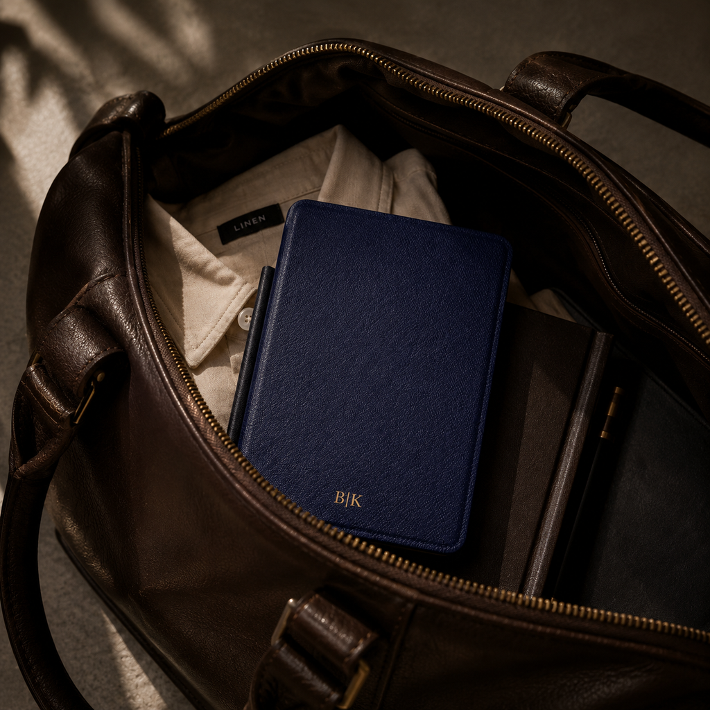 Open interior of the navy Saffiano Kindle case showing the fabric lining and TPU shell