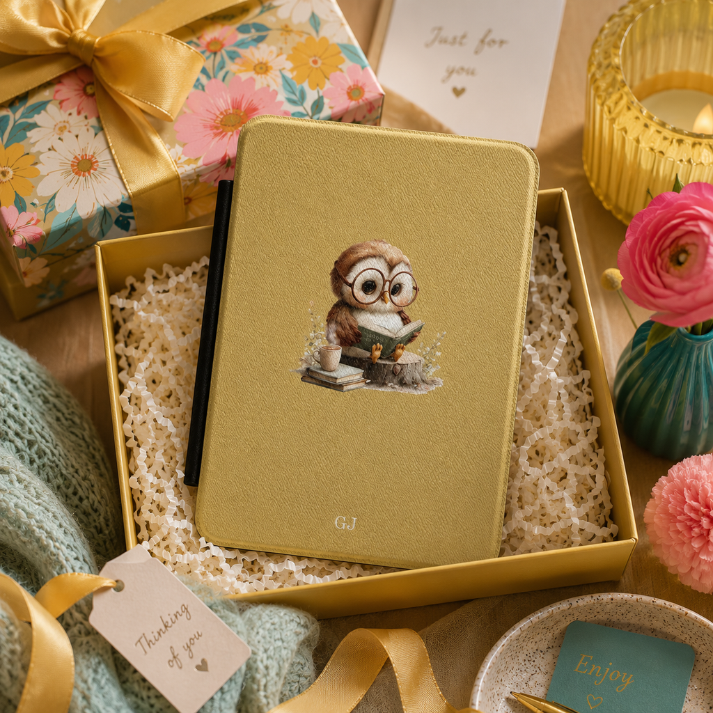 Personalized owl and books Kindle case shown in a gift setting
