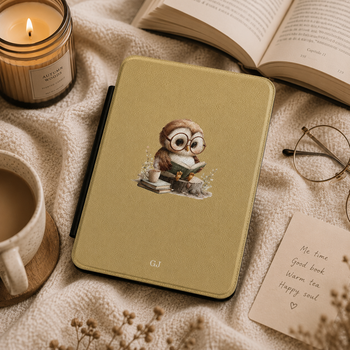 Personalized owl and books Kindle case styled in a lifestyle reading setting