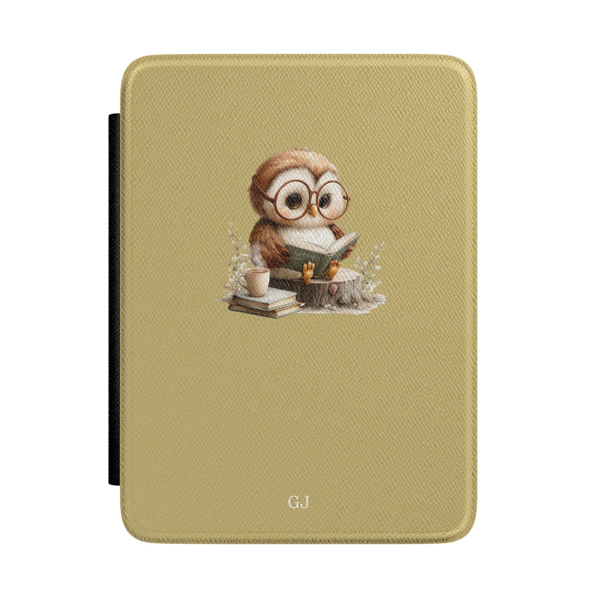 Personalized owl and books Kindle case on tan, custom initials