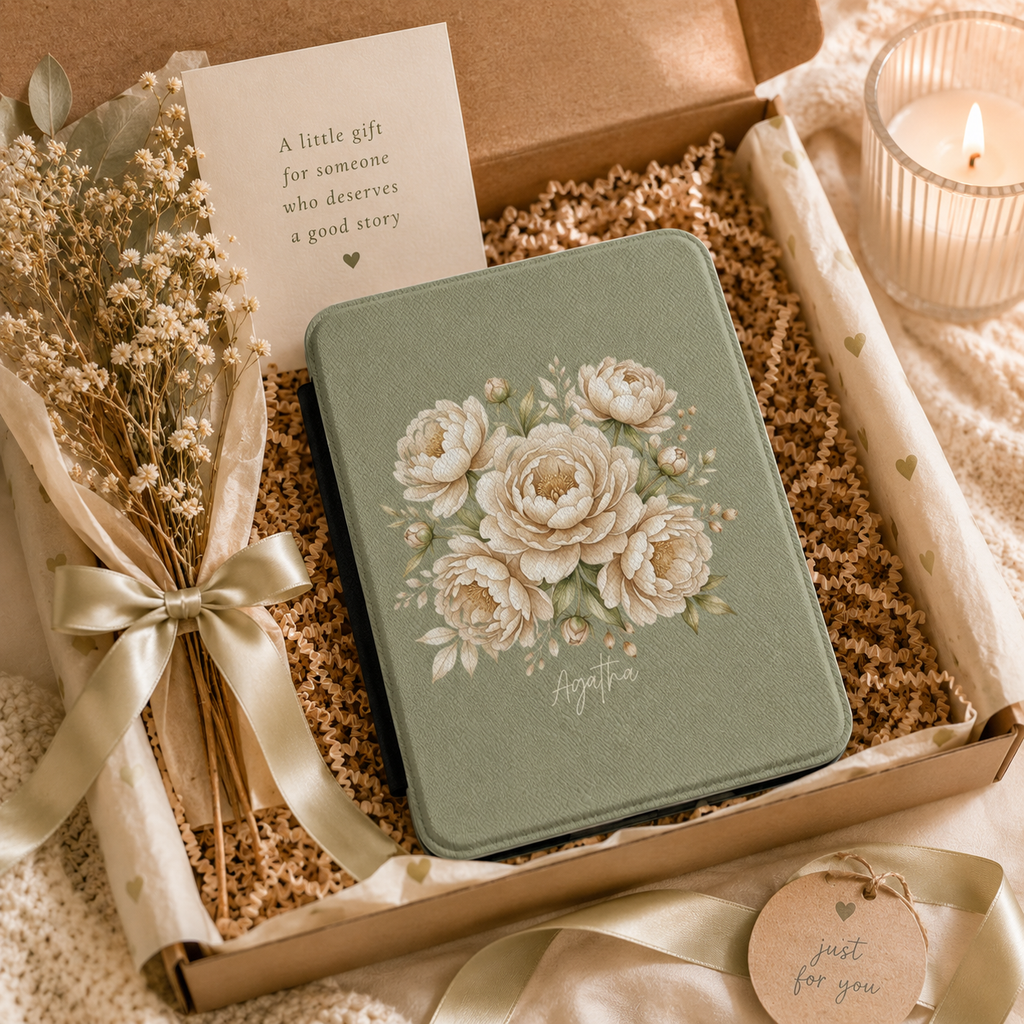 Personalized peony bouquet Kindle case shown in a gift setting
