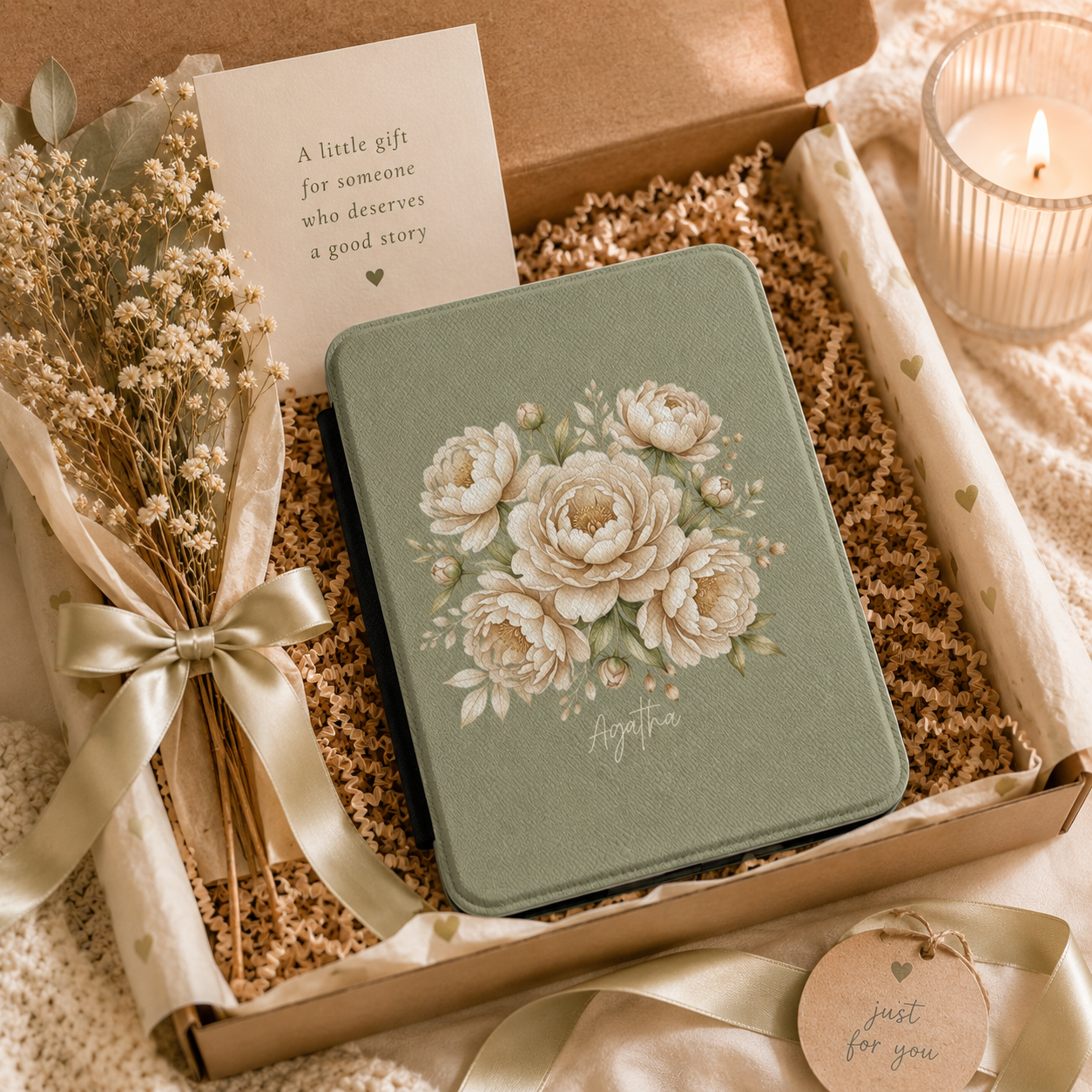 Personalized peony bouquet Kindle case shown in a gift setting