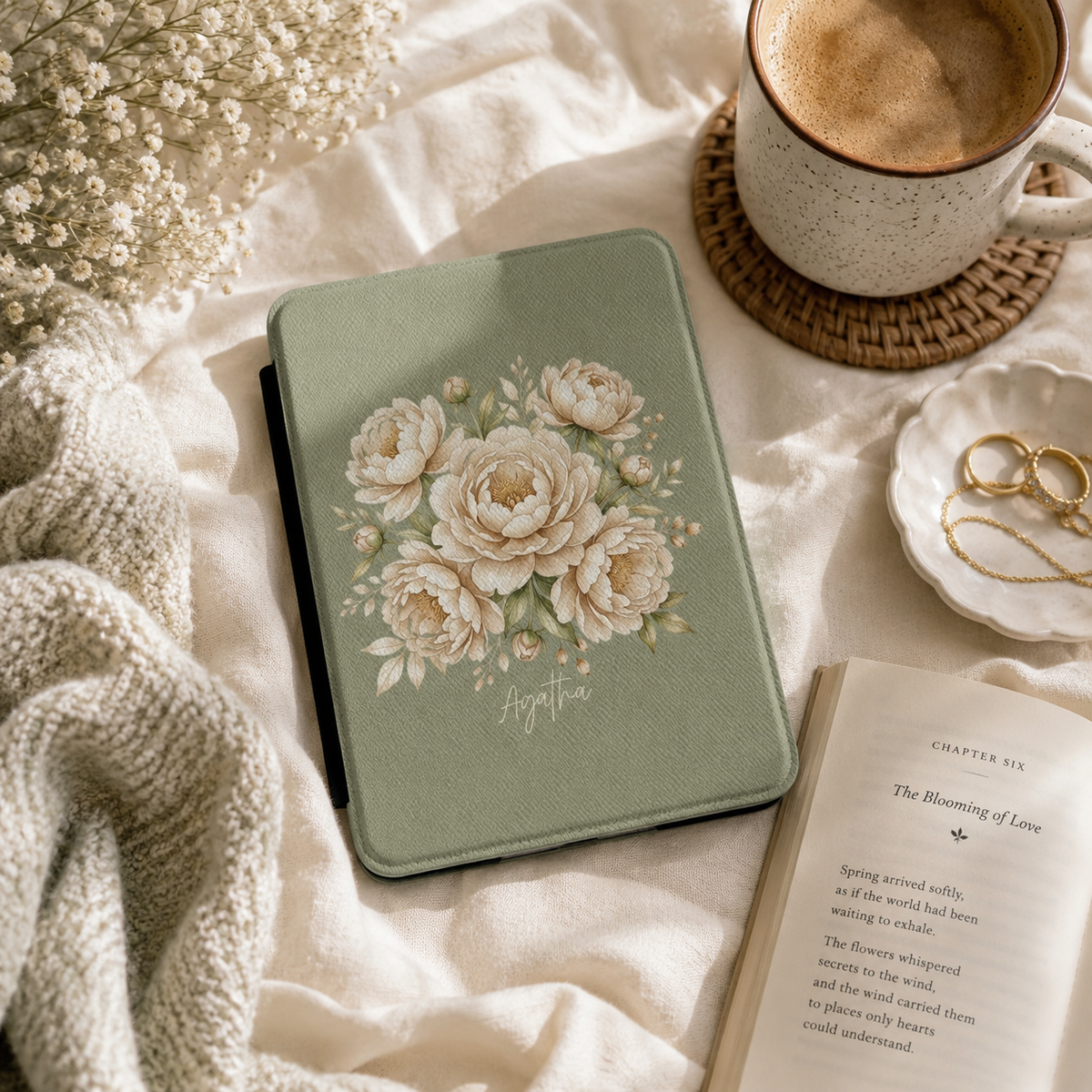 Personalized peony bouquet Kindle case styled in a lifestyle reading setting