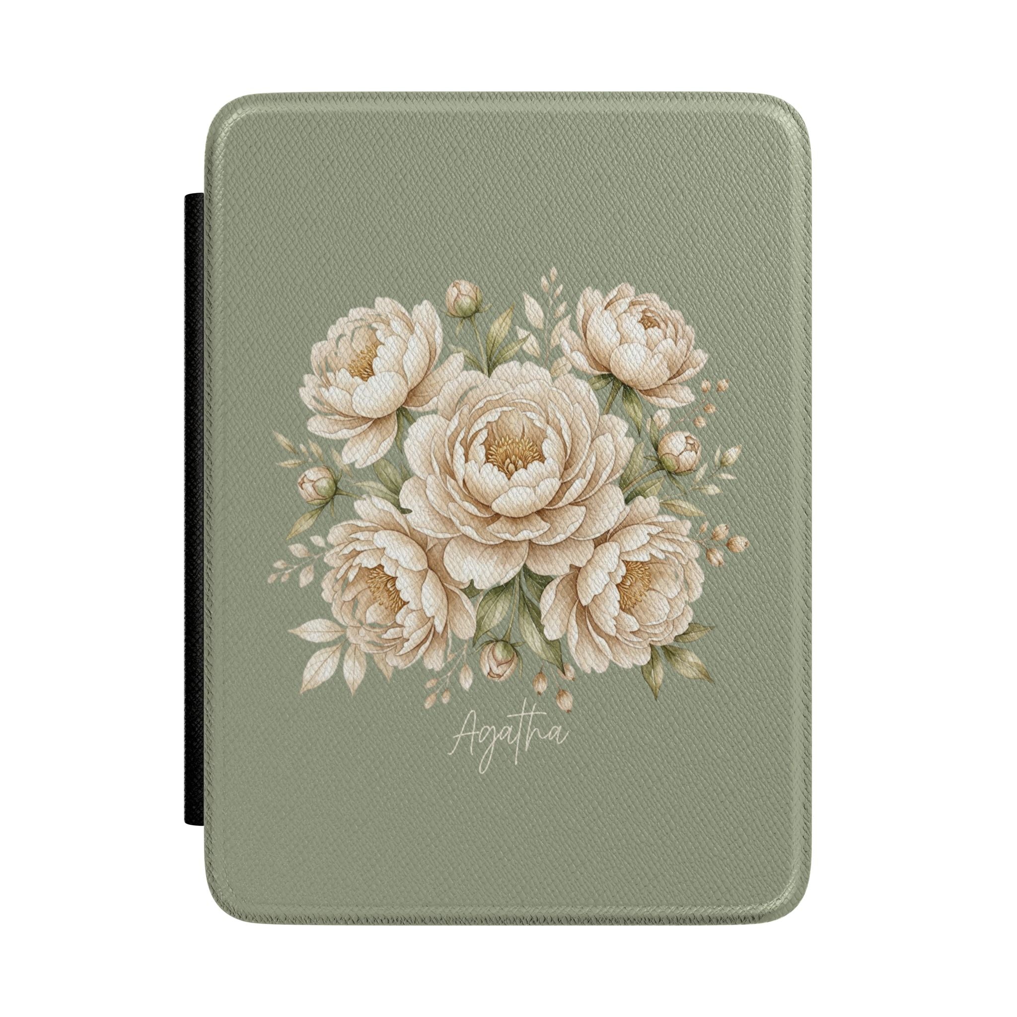 Personalized Kindle case with cream peony bouquet on sage green, custom name Agatha
